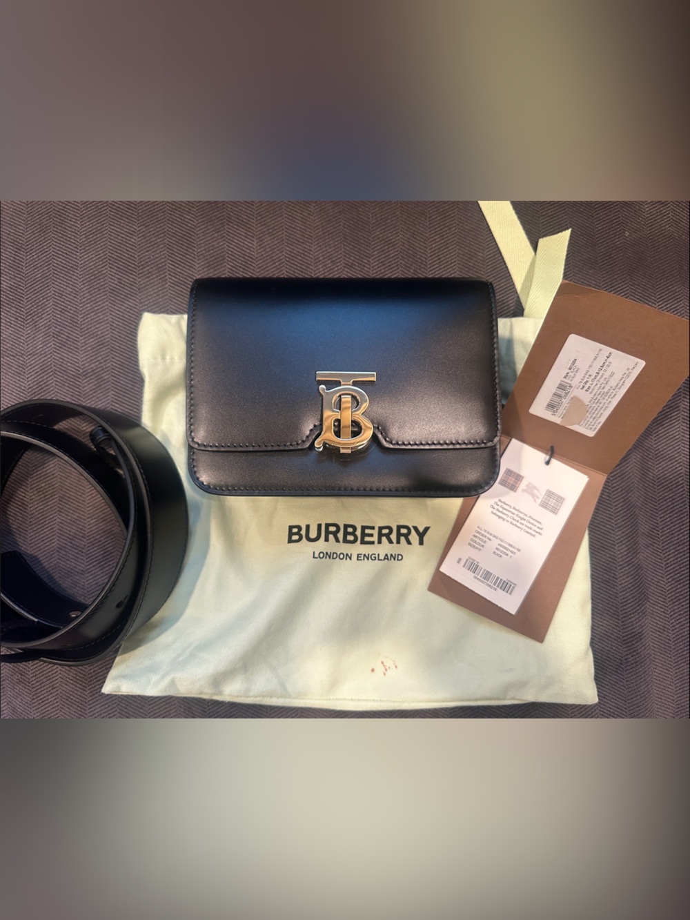 Burberry Black Leather TB Logo Belt Bag with Gold Hardware